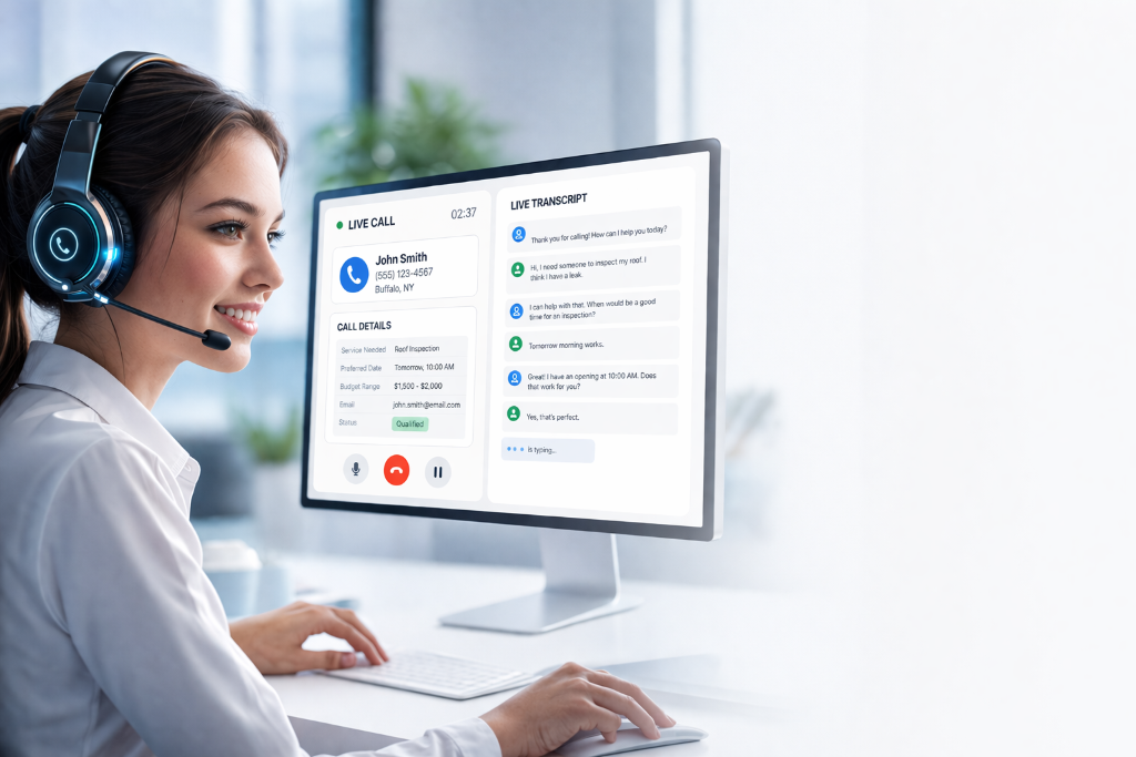 Customer communication specialist beside a computer monitor displaying live caller details